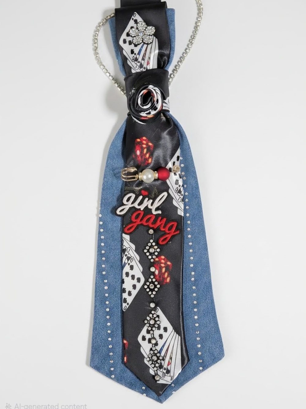 Girl Gang Embellished Black & Denim Statement Necklace Tie